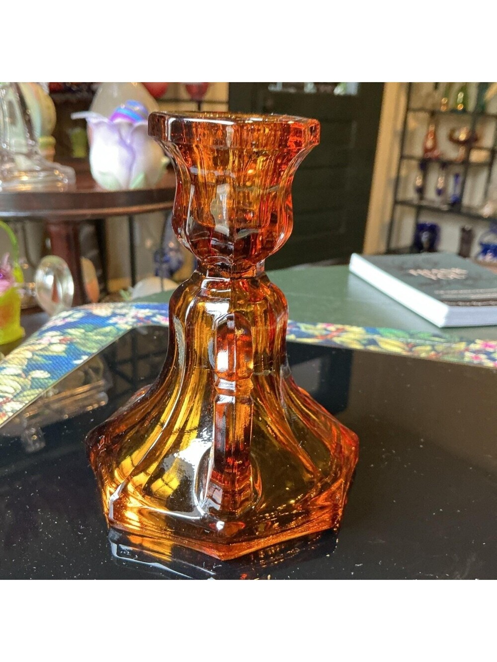 VTG Anchor Hocking Candle Holder Amber Glass Octagonal Base 4.75" w/ Handle